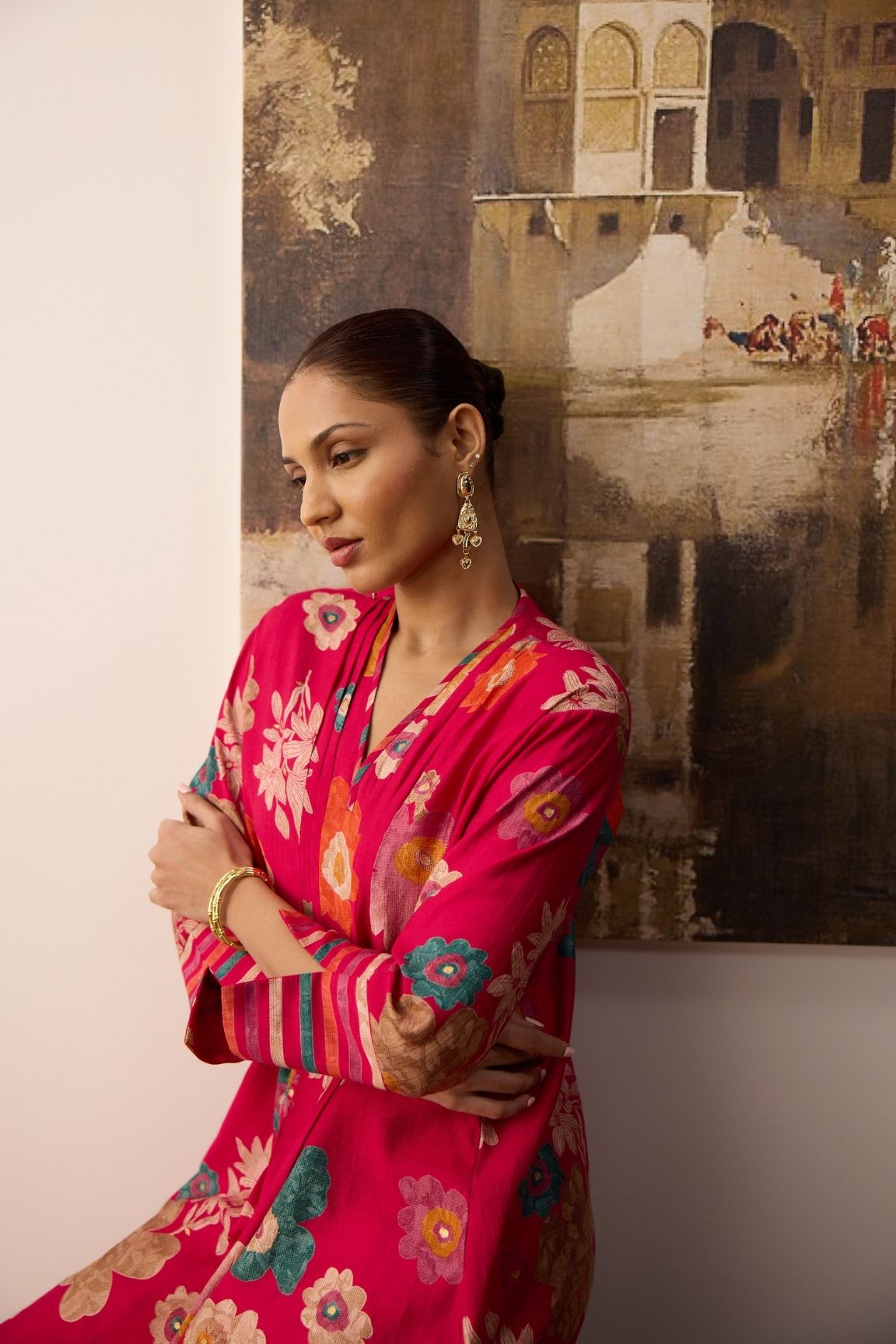 Pink Floral Printed Cotton Kurta Set