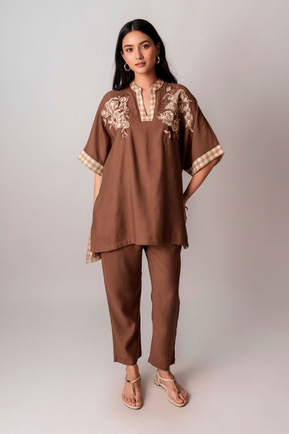 Chocolate Brown Embroidered V-Neck Kurta Set