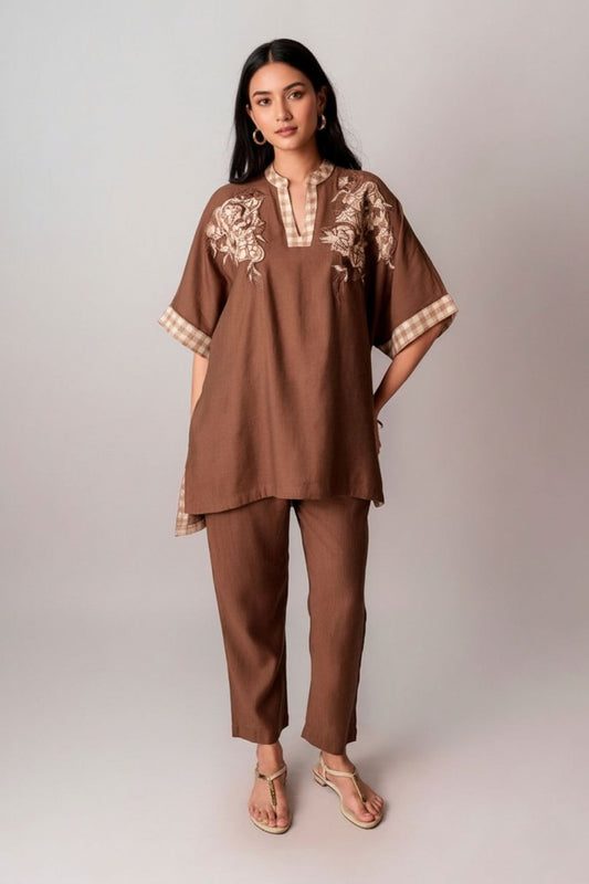 Chocolate Brown Embroidered V-Neck Kurta Set