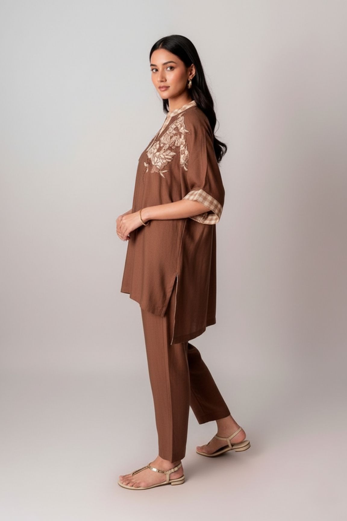 Chocolate Brown Embroidered V-Neck Kurta Set