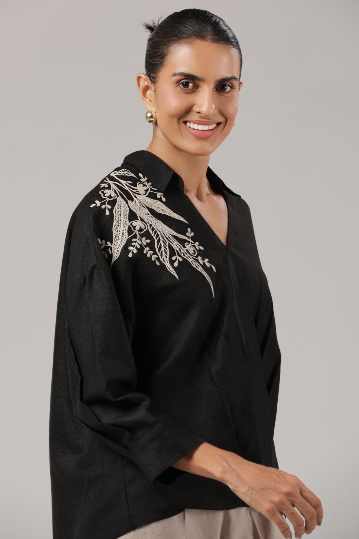 Black Embroidered Wrap-Style Cotton Shirt