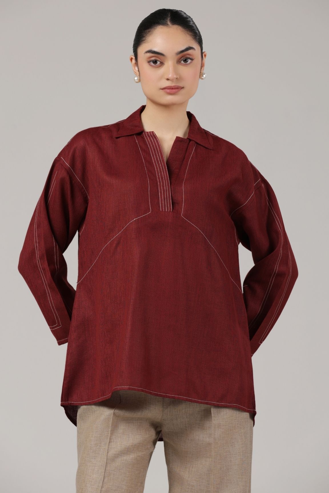 Maroon Contrast Stitch Relaxed Cotton Top