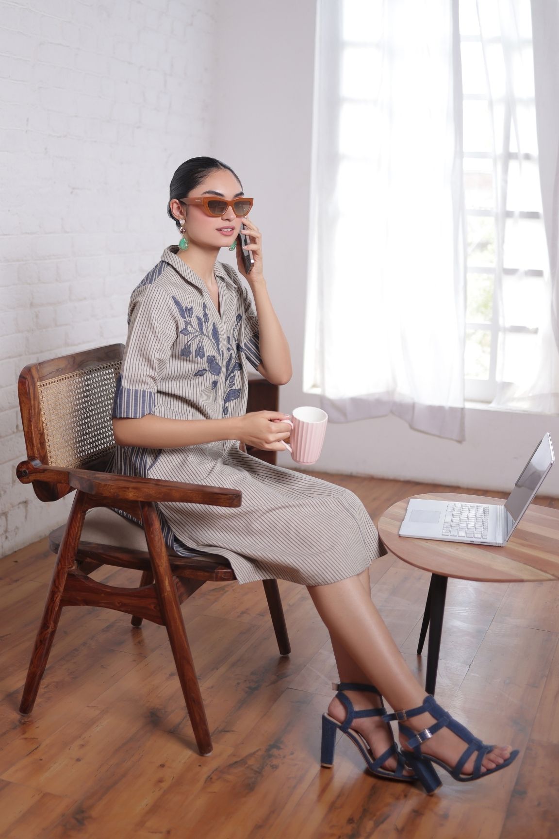 Beige & Blue Striped Embroidered Shirt Dress