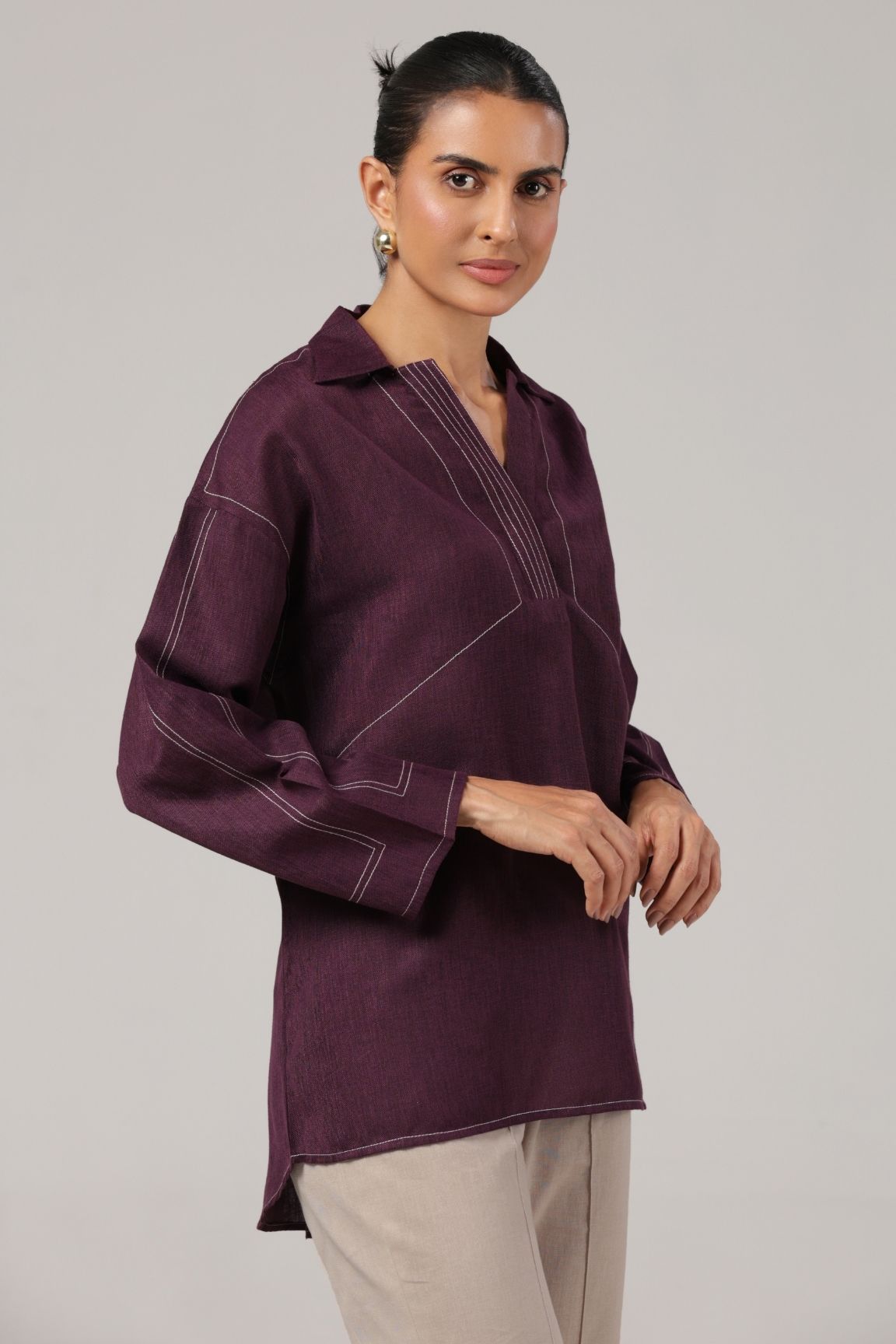 Plum Contrast Stitch Relaxed Fit Cotton Top