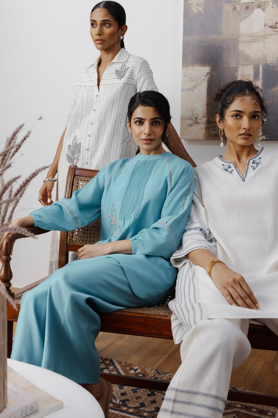 Beige Striped Embroidered Linen Kurta Set