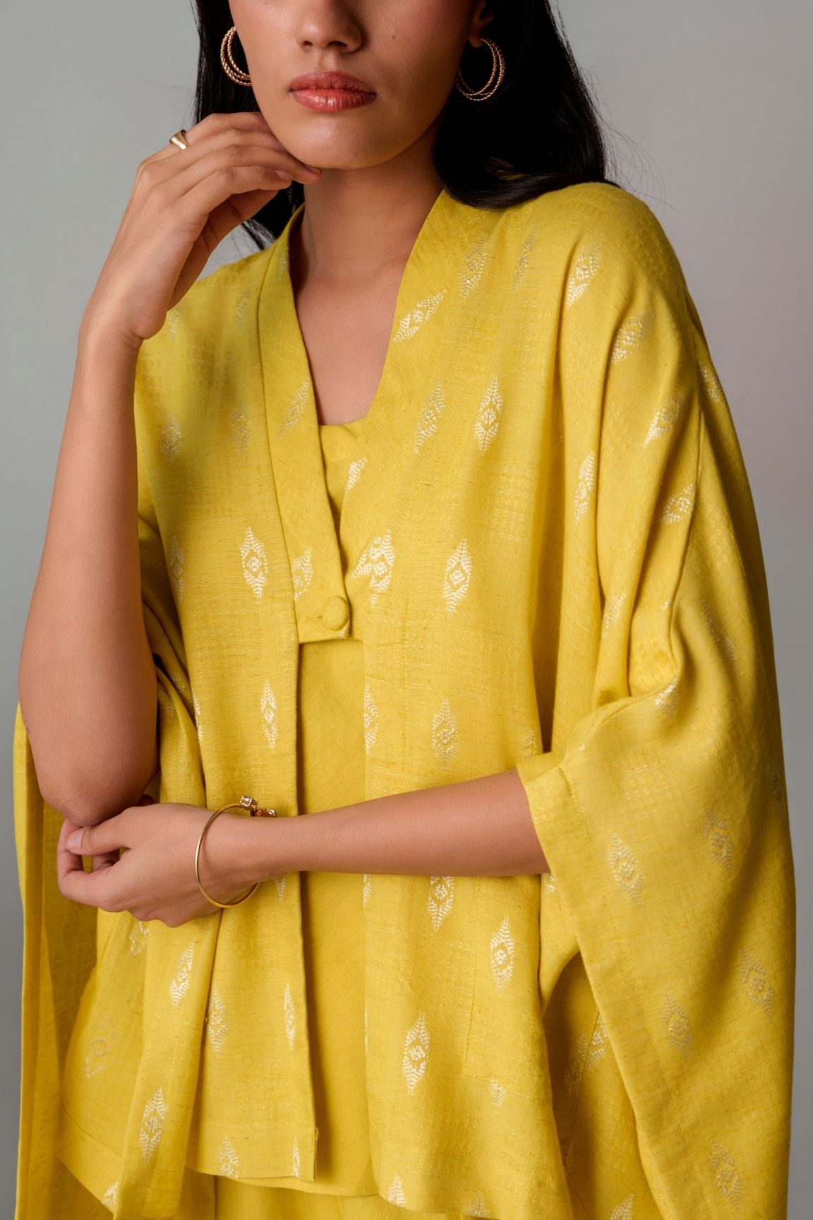 Mustard Yellow Handwoven Cape Blazer Set
