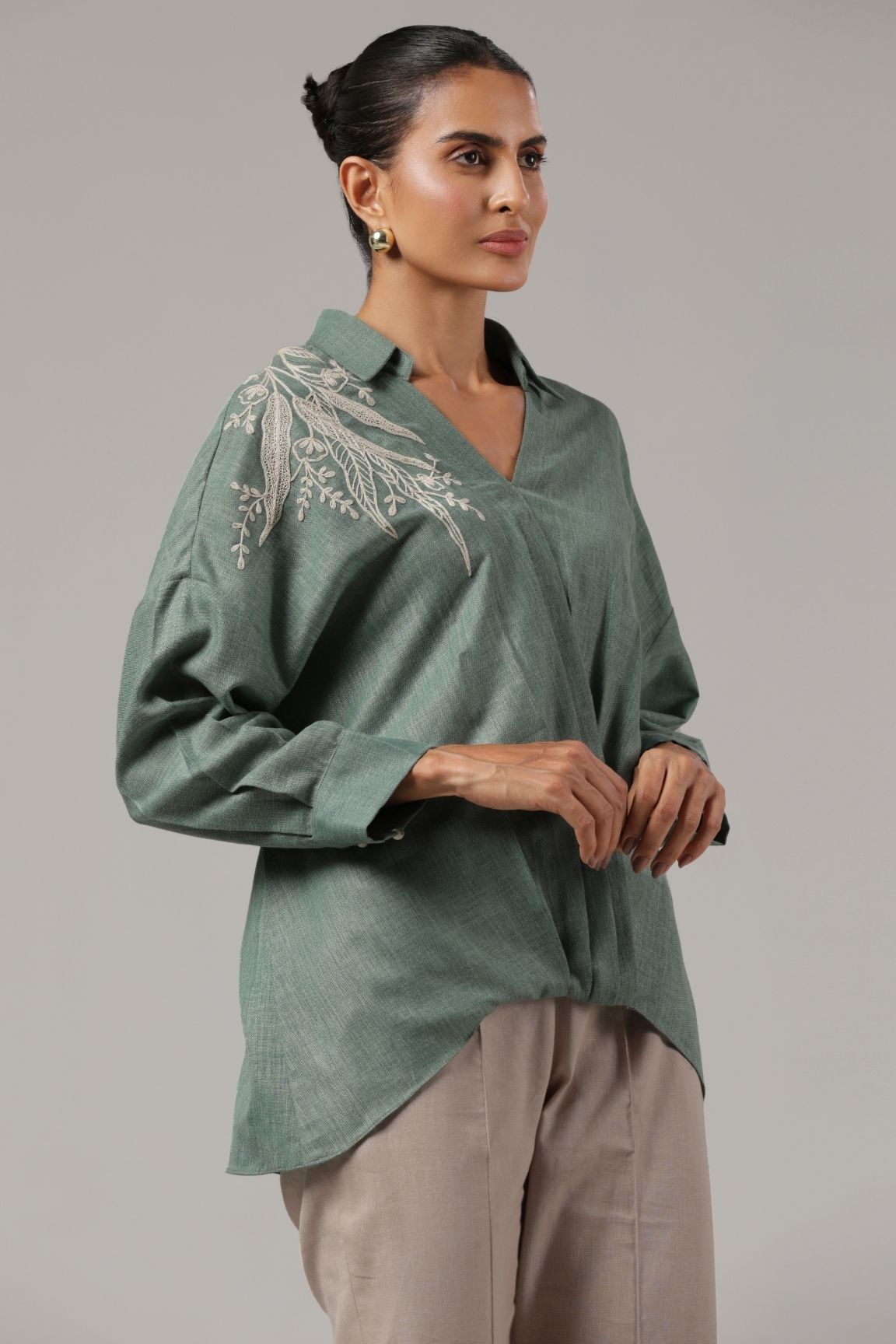 Sage Green Embroidered Collared Relaxed Shirt