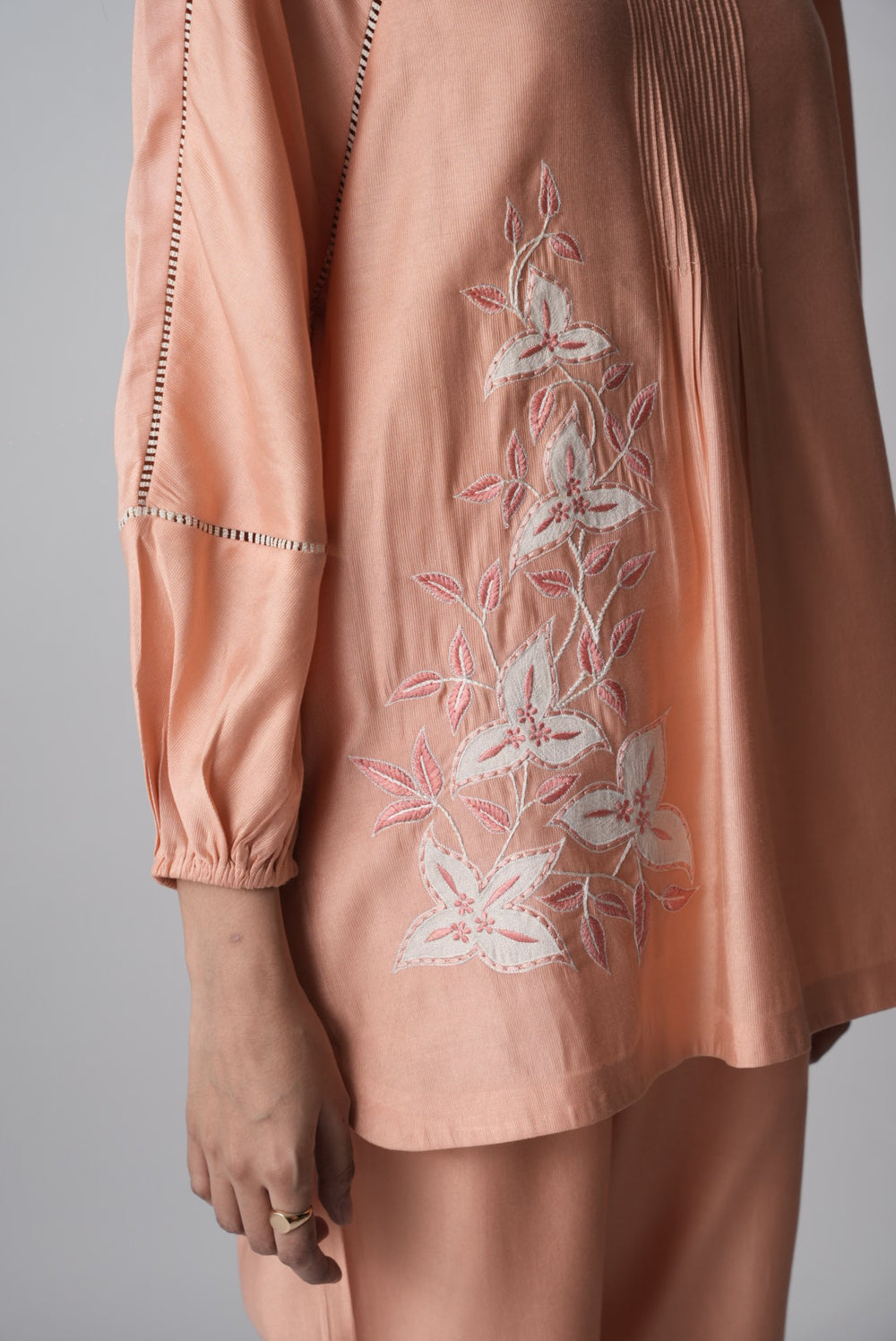 Peach Floral Embroidered Satin Co-ord Set