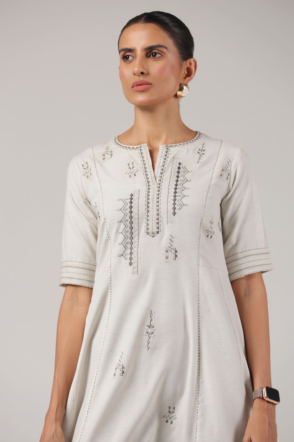 Off-White Embroidered A-Line Cotton Dress