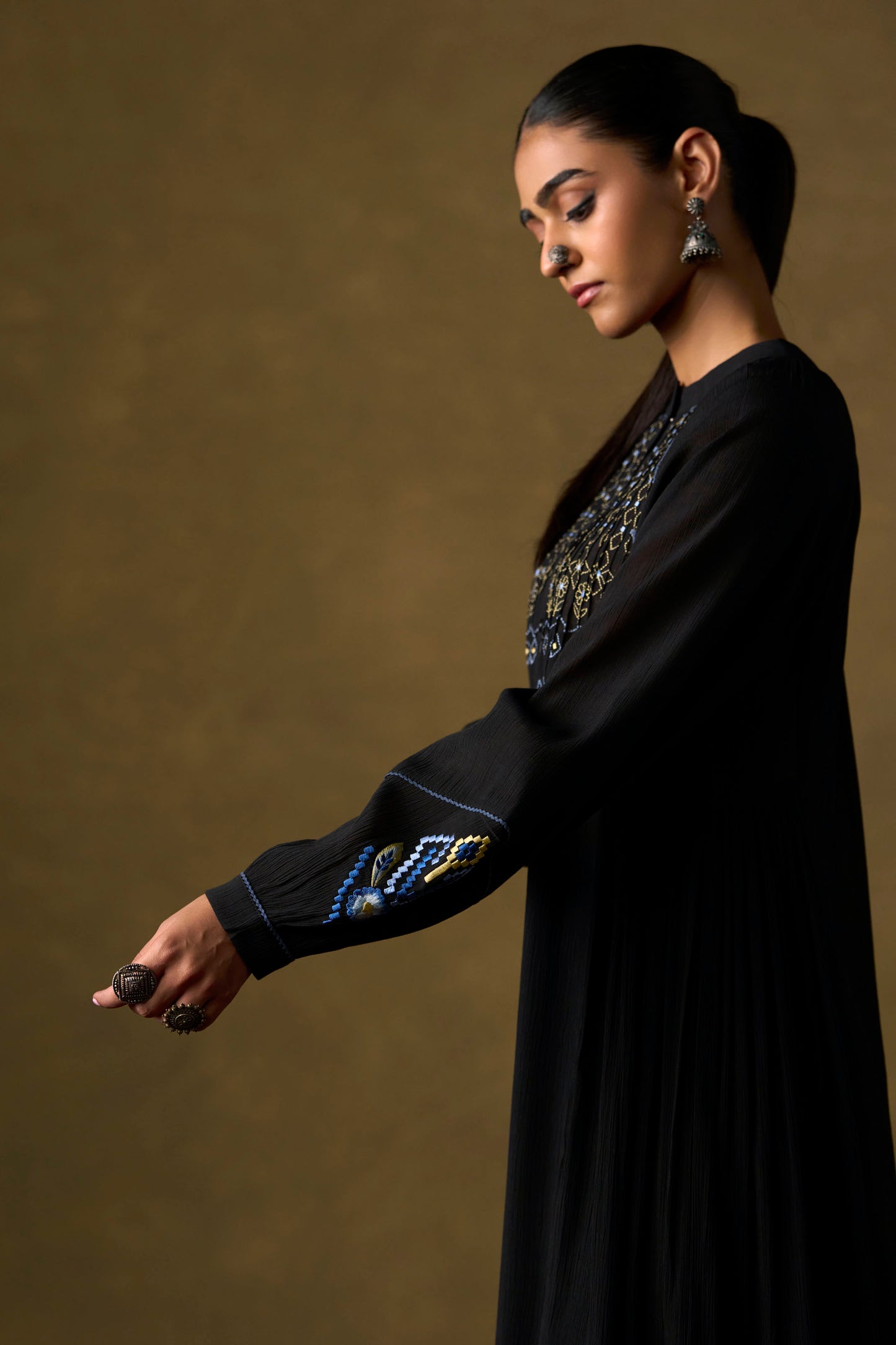 Onyx Black Embroidered Tiered Long Co-ord Set