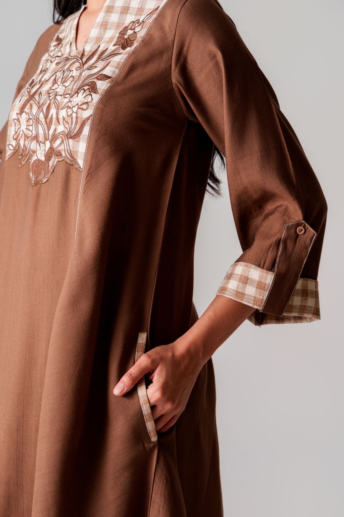 Brown Checkered Floral Embroidered Cotton Dress