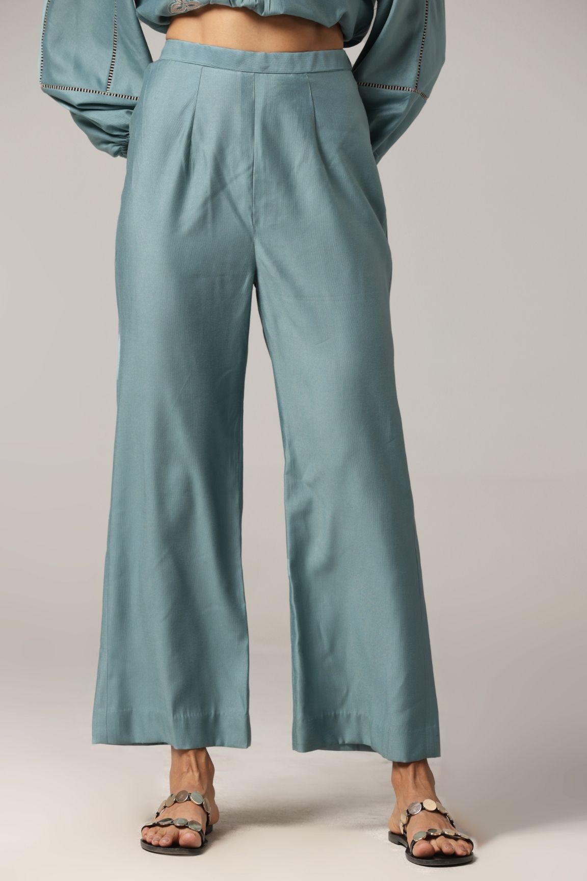 Teal Blue Pleated Floral Embroidered Co-ord Set