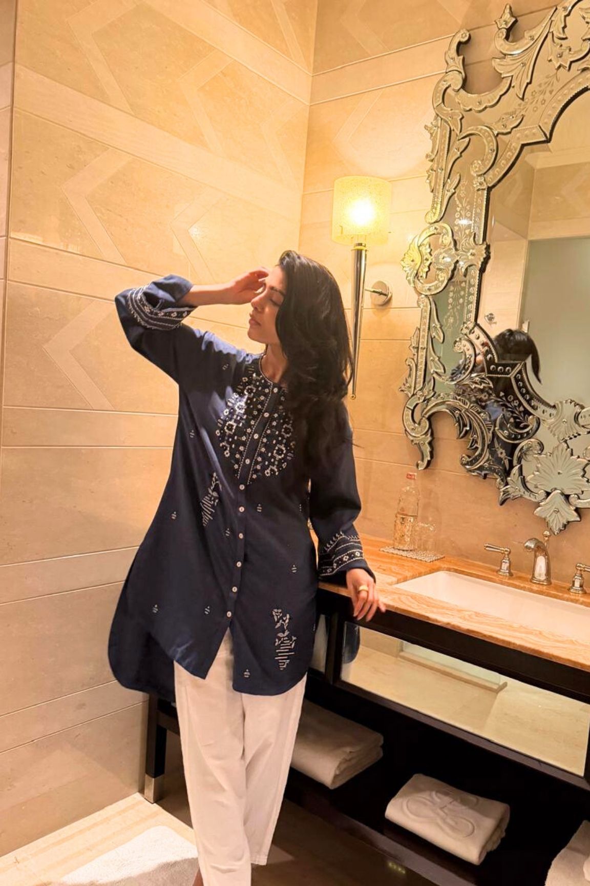 Denim Blue Embroidered Straight Kurta with Palazzos