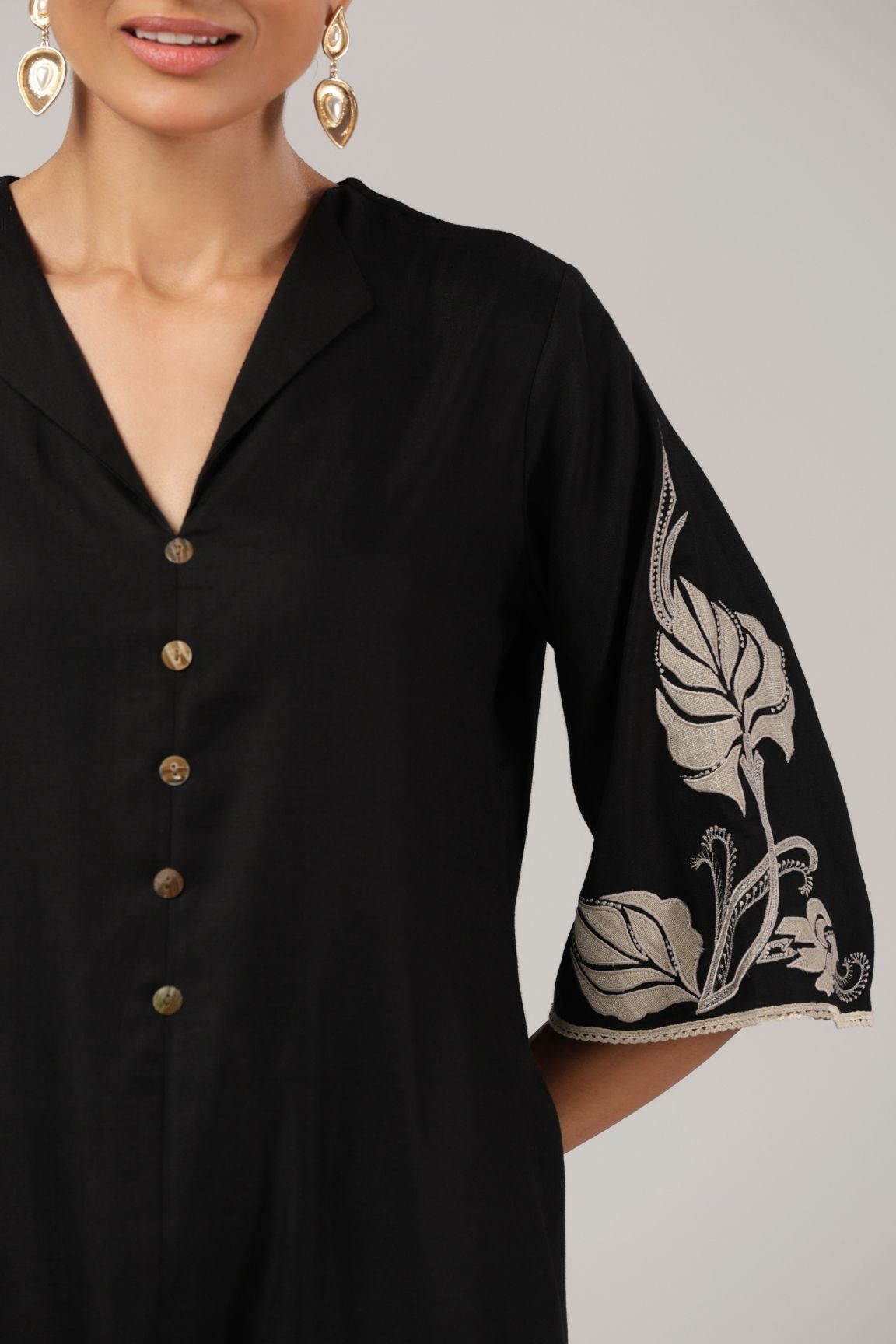 Black Floral Embroidered Organic Cotton Kurta Set