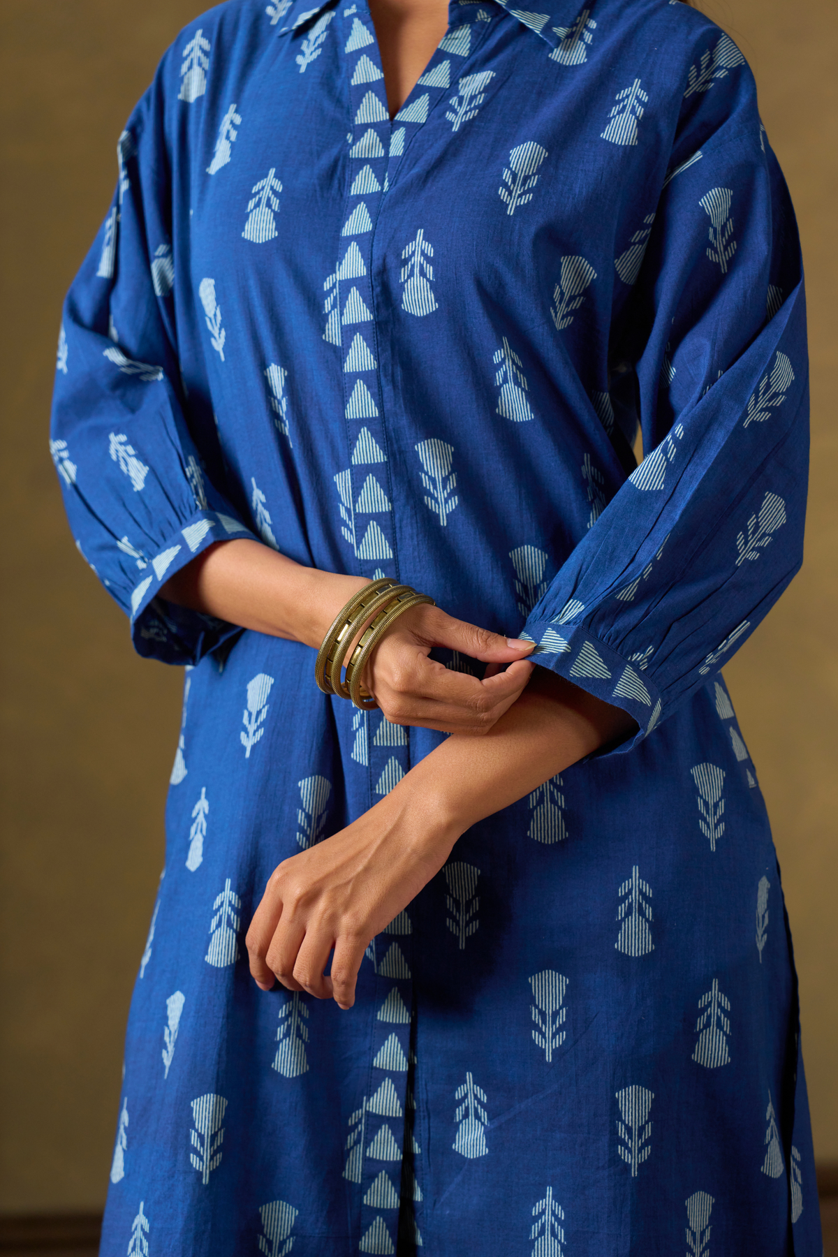 Indigo Printed Collared Kurta Set with Harem Pants