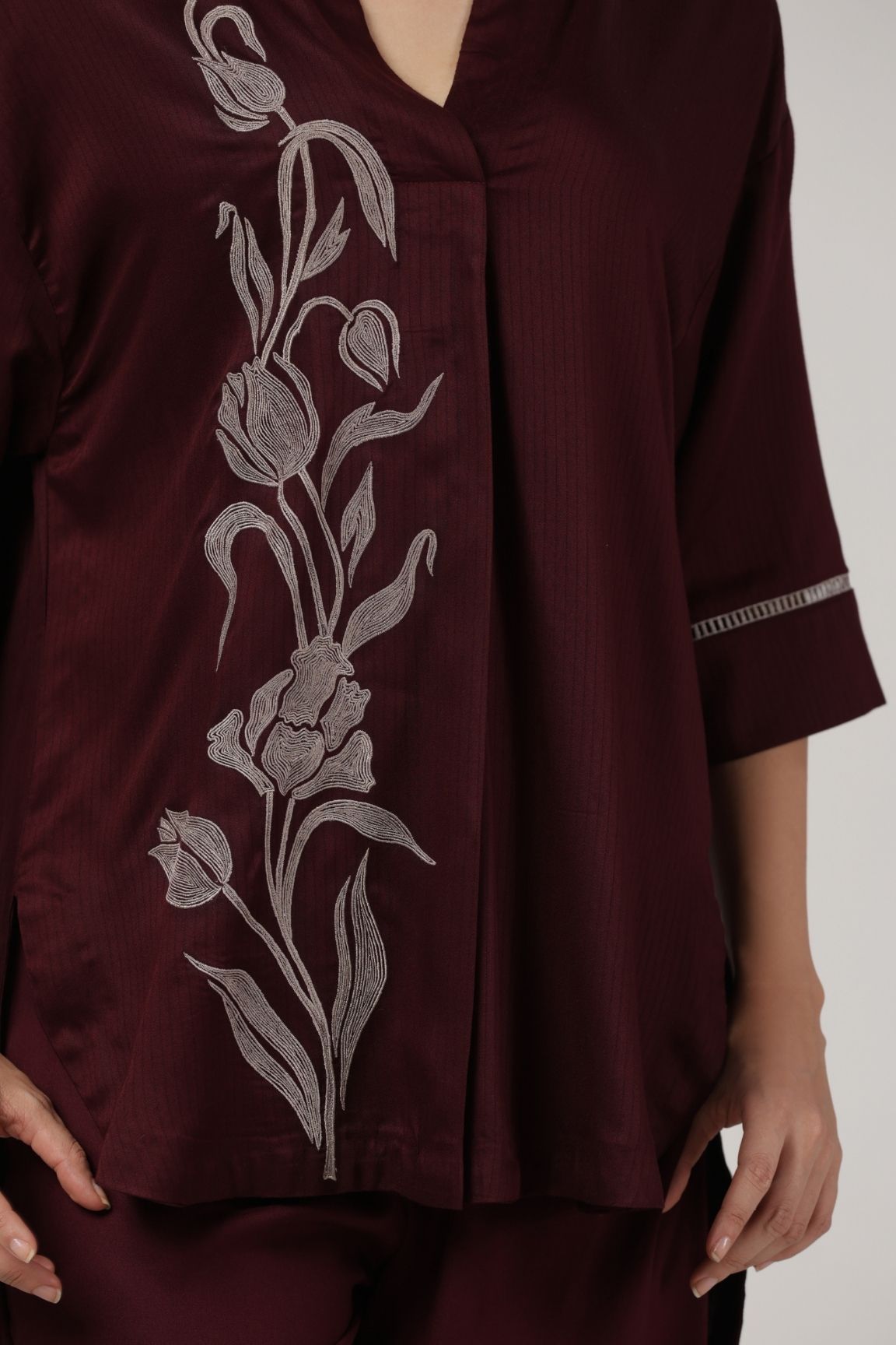 Maroon Floral Embroidered Cotton Satin Co-ord Set