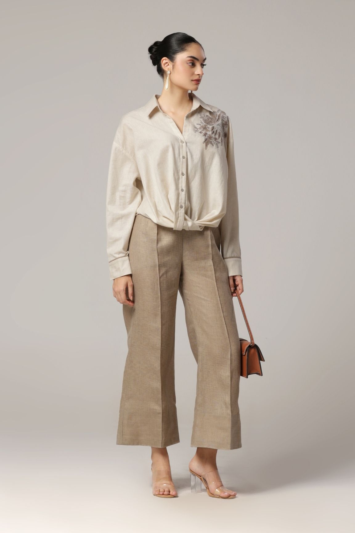 Beige Floral Embroidered Relaxed Fit Shirt