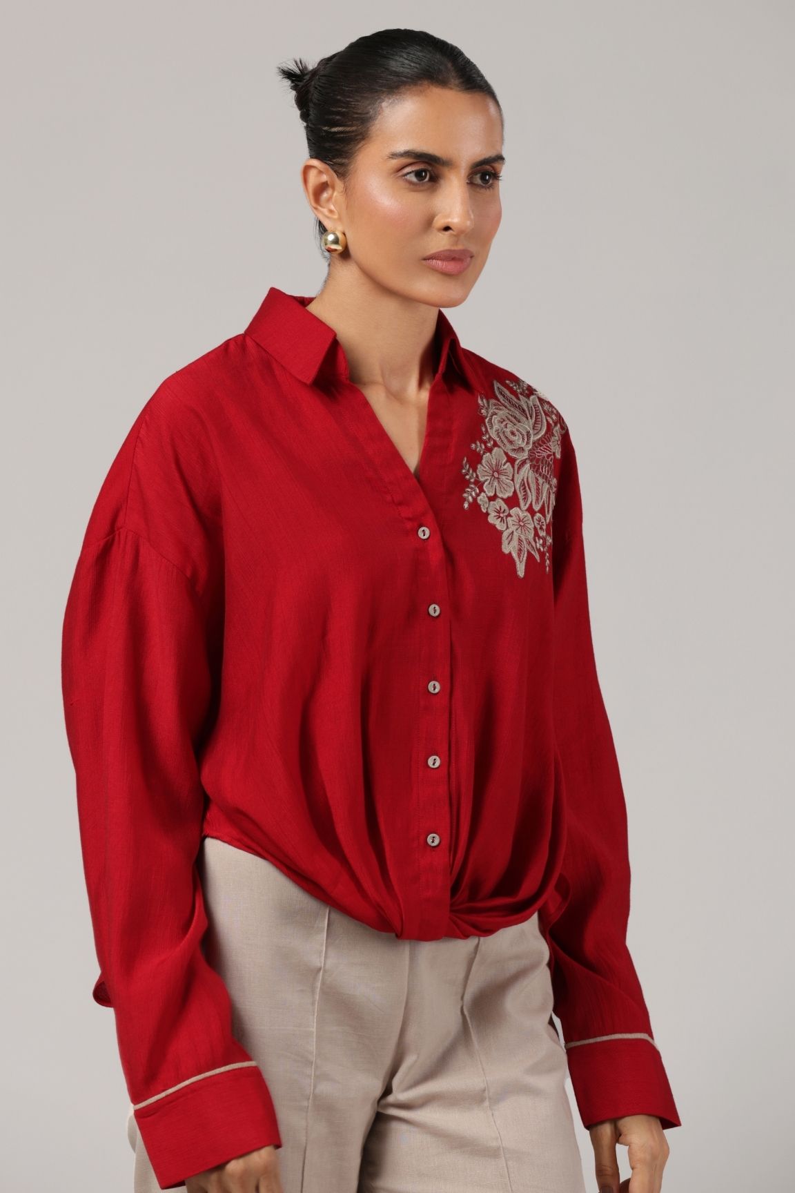Red Floral Embroidered Button-Down Shirt