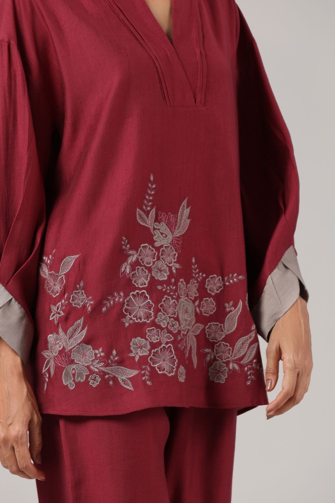 Wine Floral Embroidered Relaxed Co-ord Set