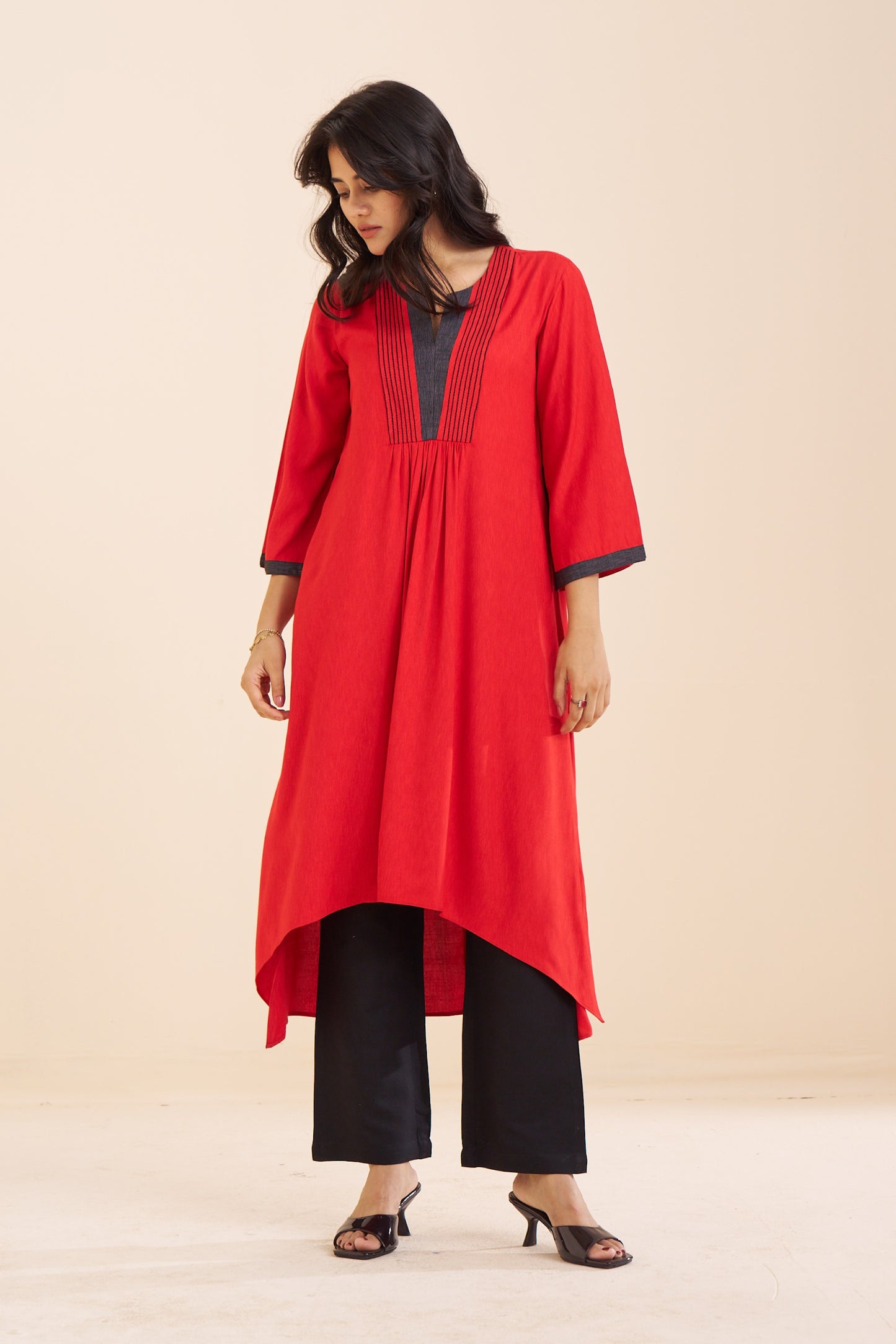 Classic Red V-Neck Kurta with Pleat Detailing in Viscose Blend
