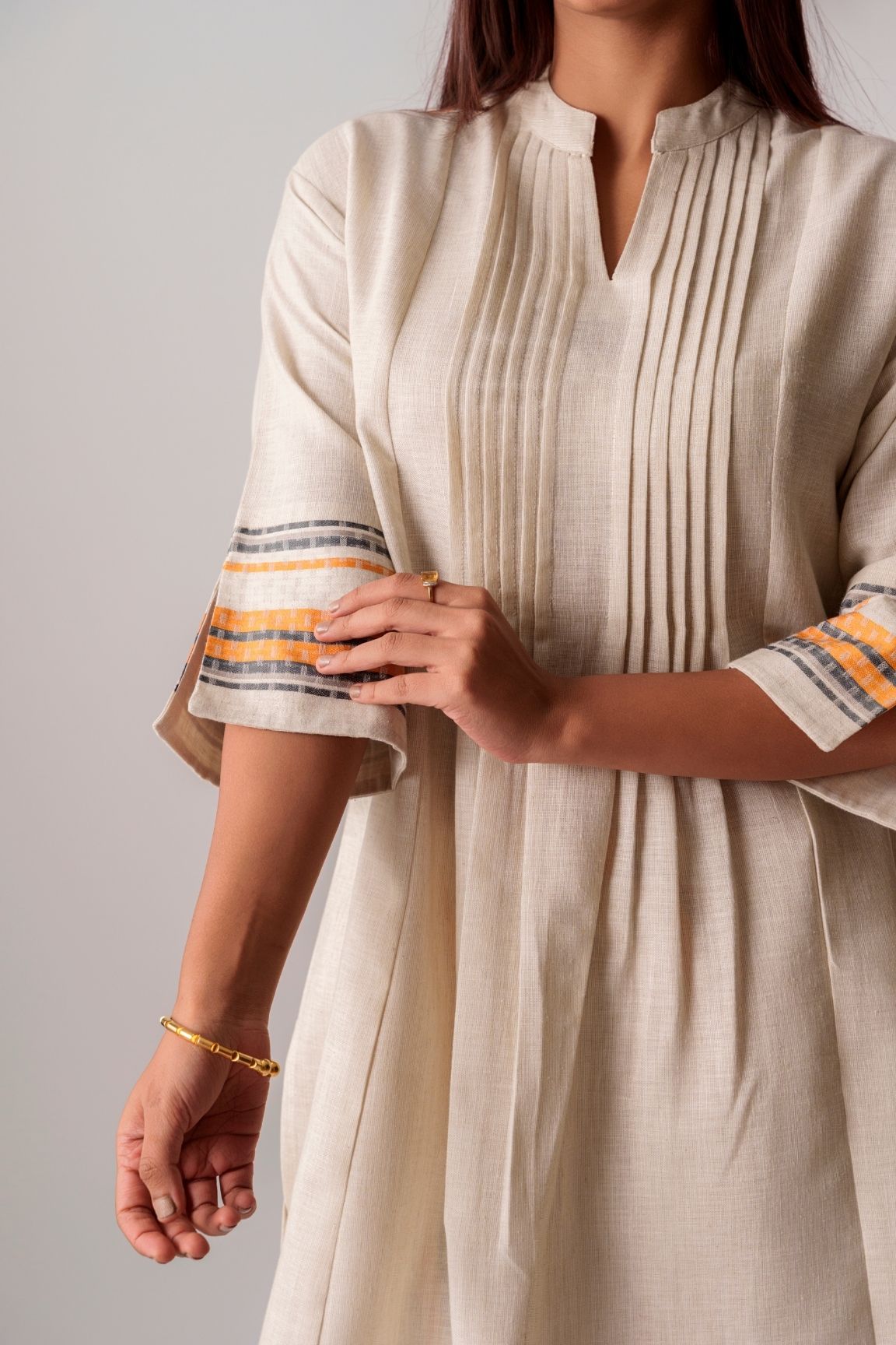 Cream & Mustard Handwoven Striped Cotton Kurta Set