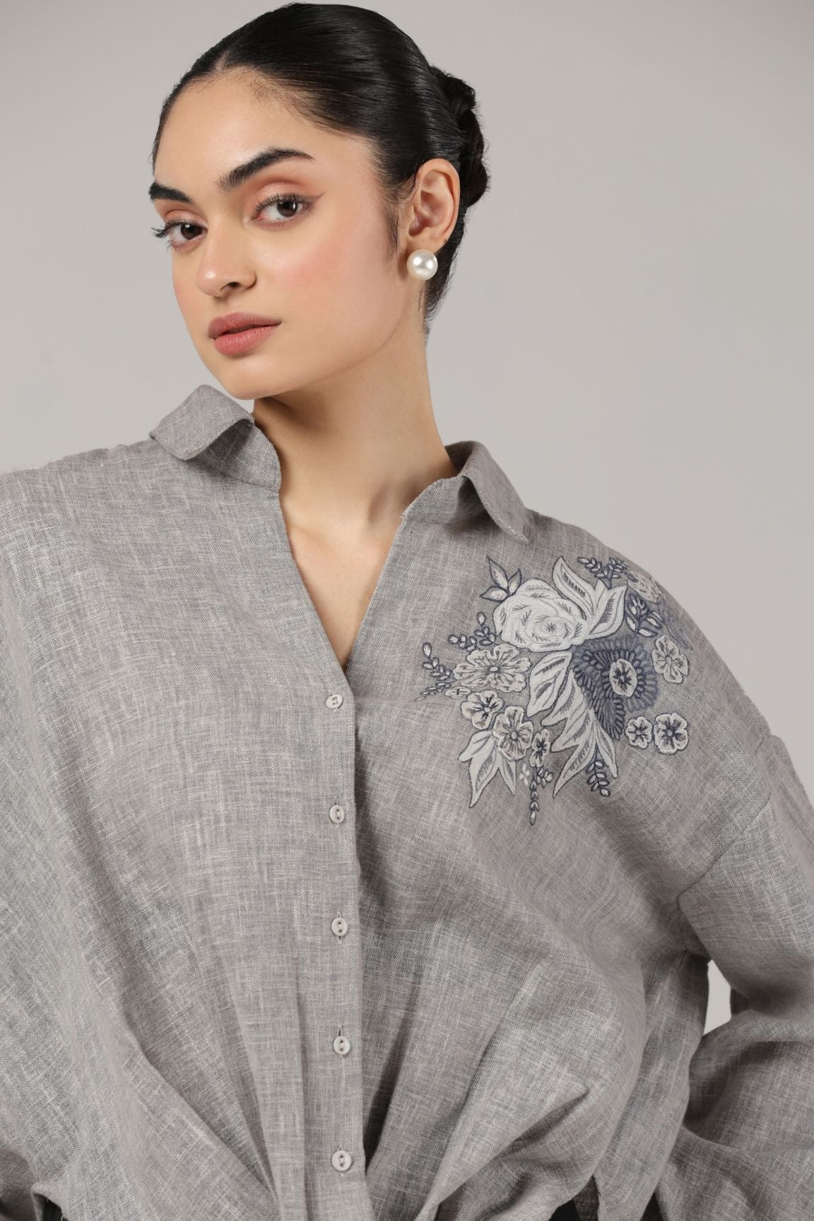 Grey Floral Embroidered Linen Shirt