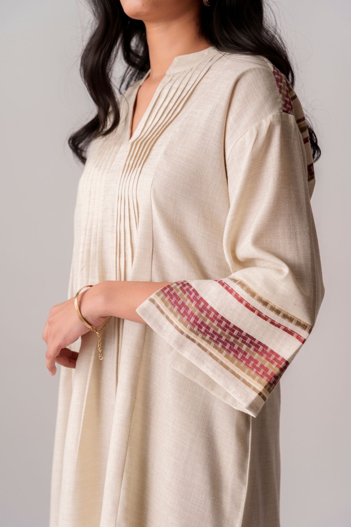 Cream & Maroon Handwoven Striped Cotton Kurta Set