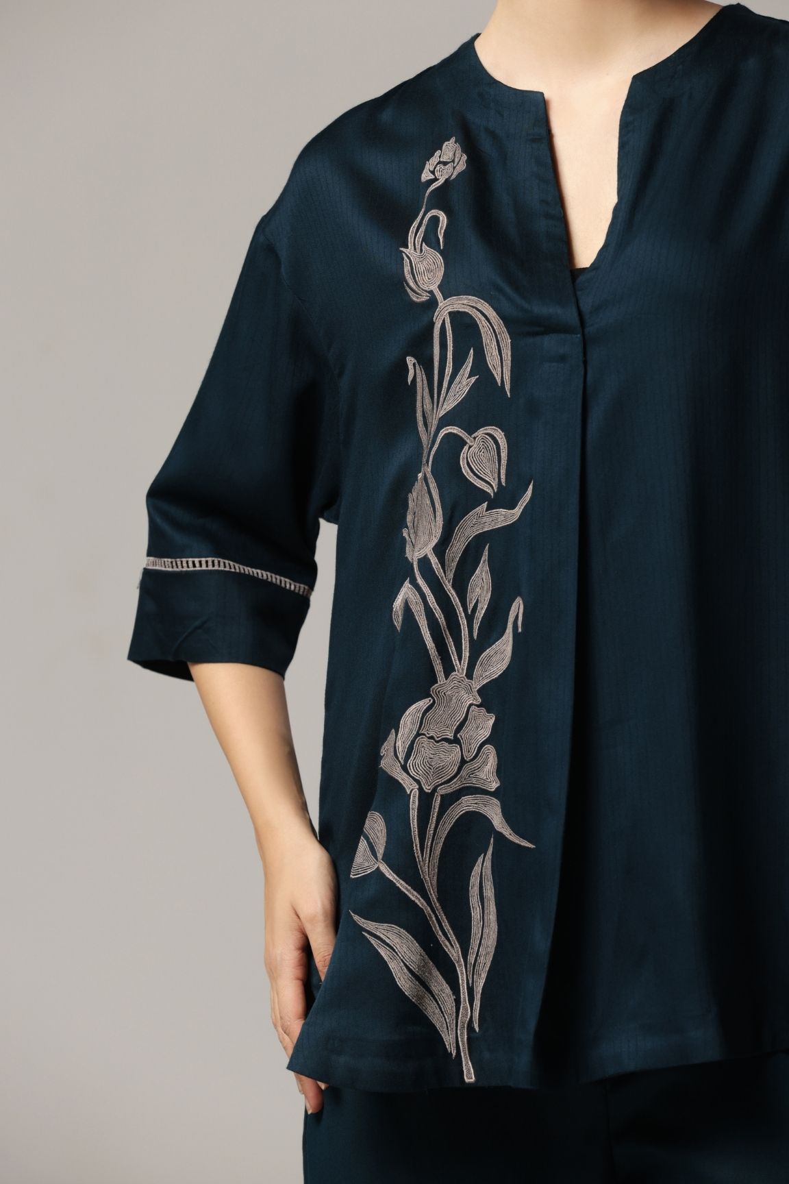 Teal Blue Floral Embroidered Cotton Satin Coord Set