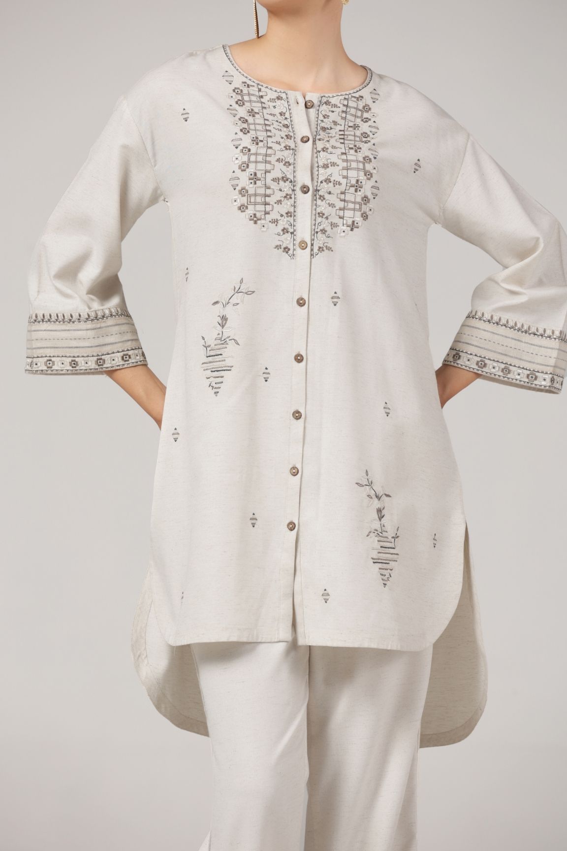 Off-White Embroidered High-Low Kurta Set