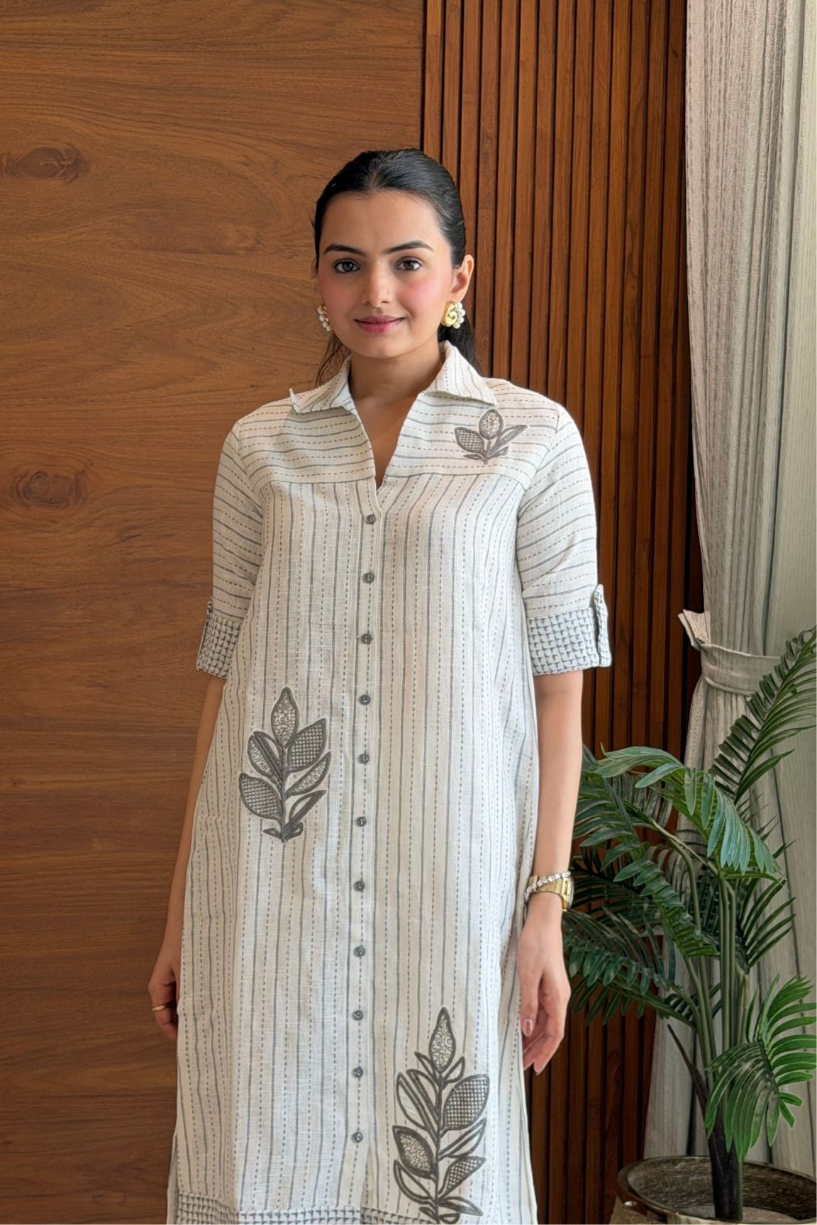 Beige Striped Embroidered Linen Kurta Set