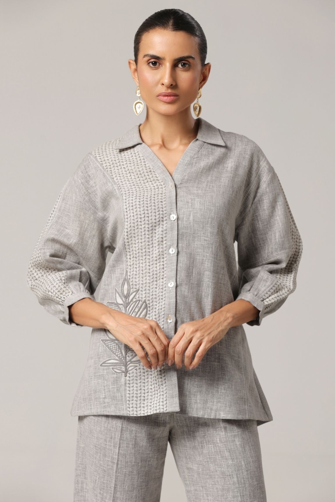 Grey Textured Floral Embroidered Cotton shirt