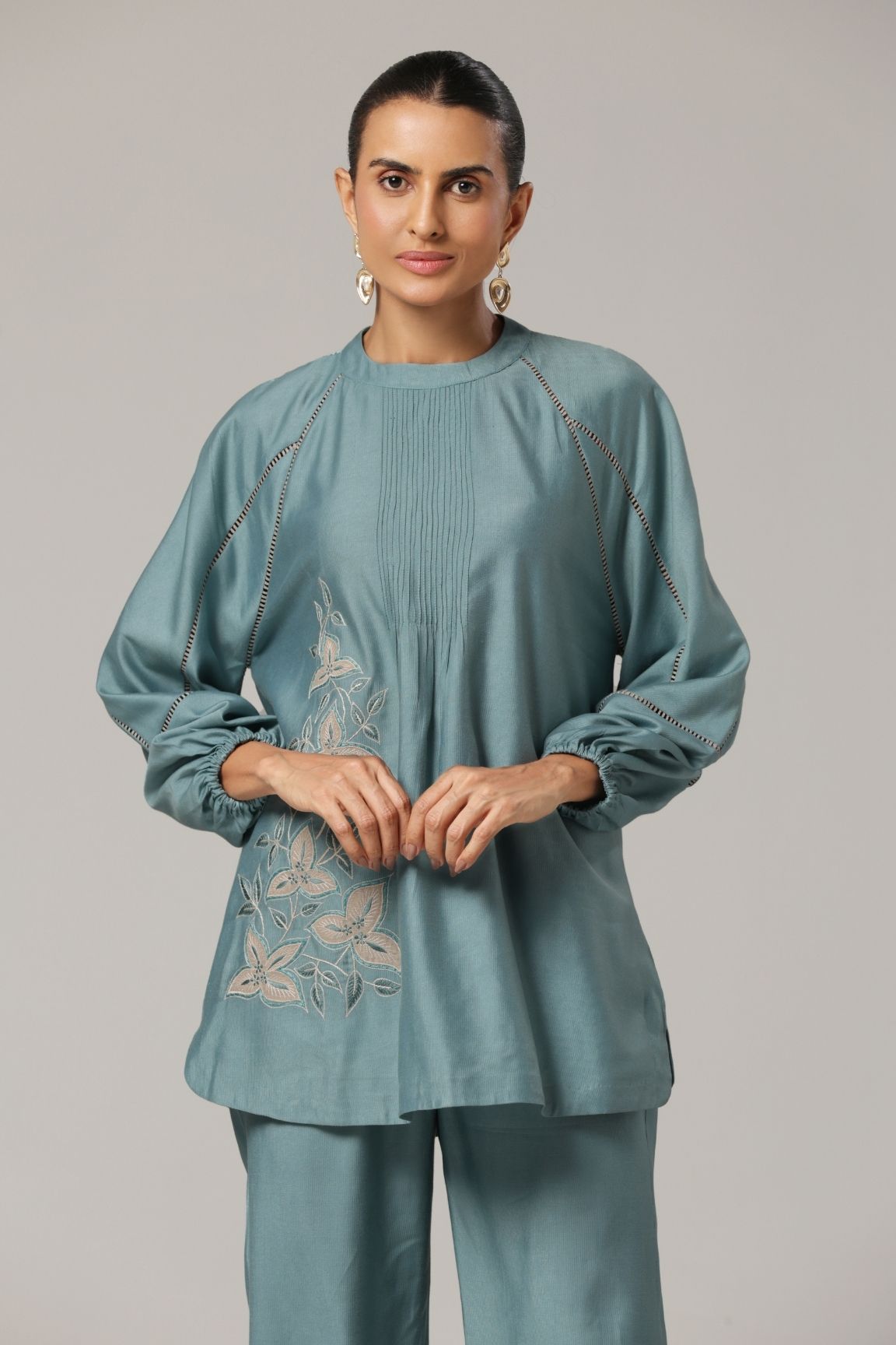 Teal Blue Pleated Floral Embroidered Co-ord Set