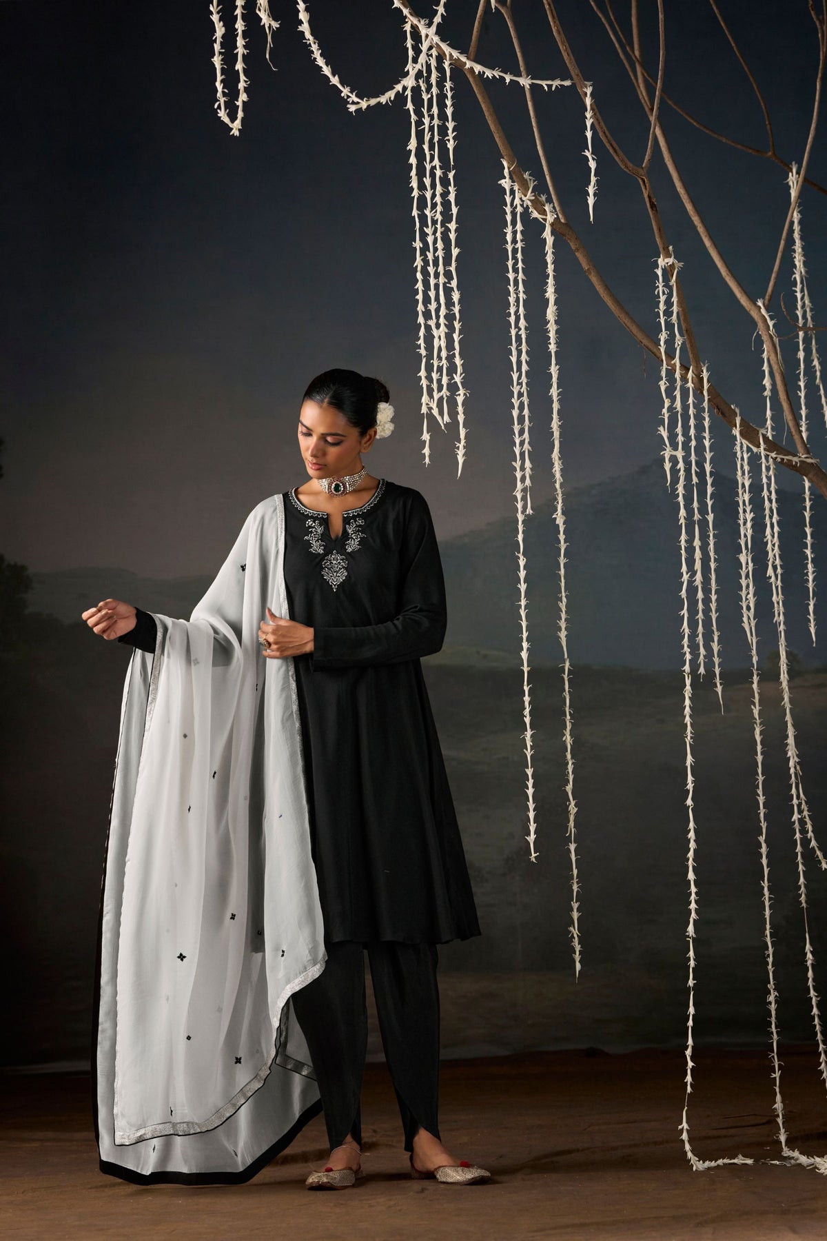 Moonlit Noir Anarkali Suit Set with Dupatta