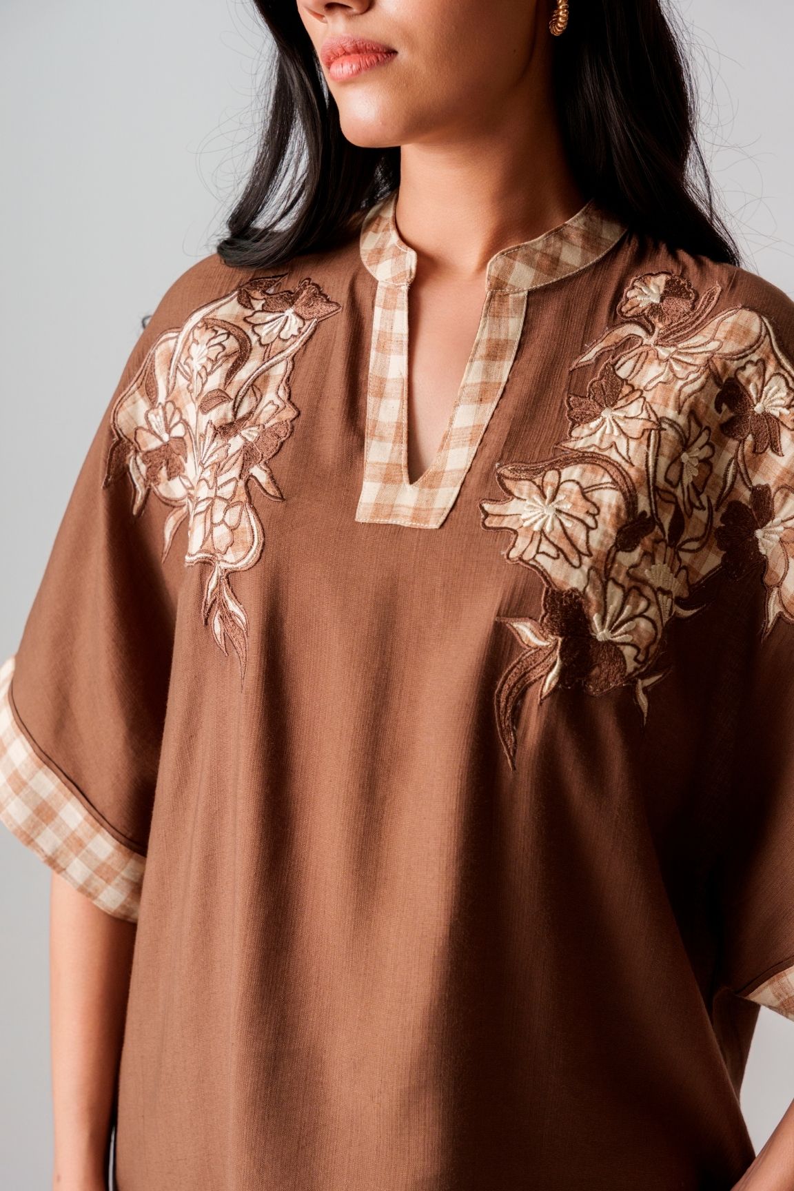 Chocolate Brown Embroidered V-Neck Kurta Set