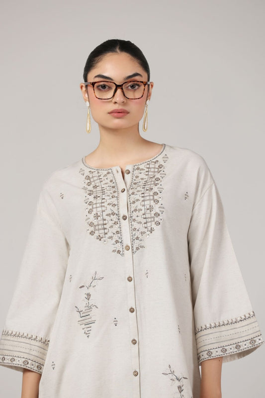 Off-White Embroidered High-Low Kurta Set