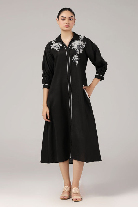 Black Embroidered Cotton Midi Dress