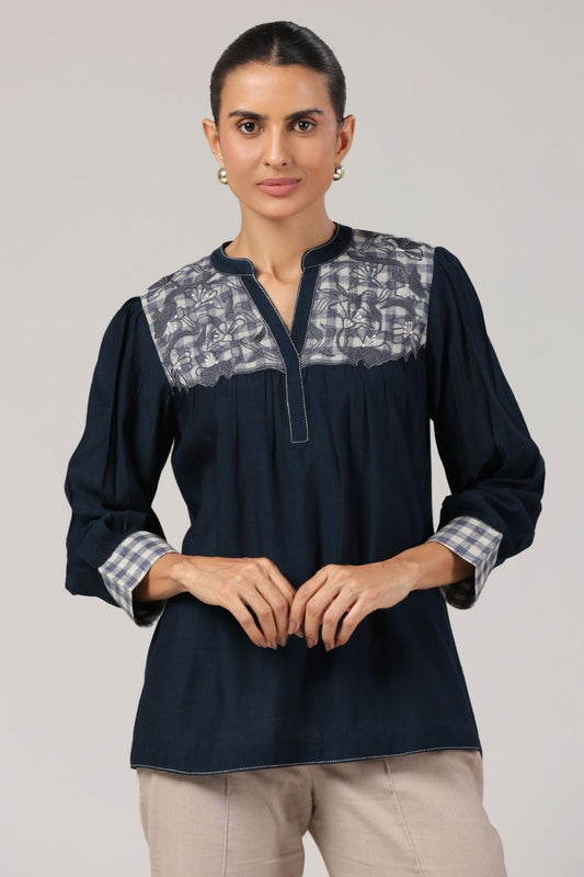 Navy Embroidered Cotton Linen V-Neck Top