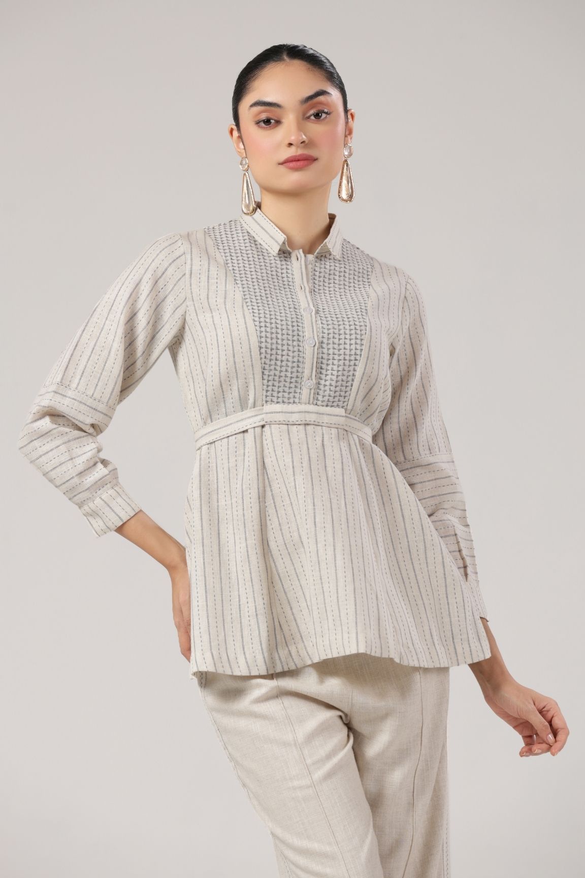 Off-White 100% Cotton Textured Blend Peplum Co-ord Set