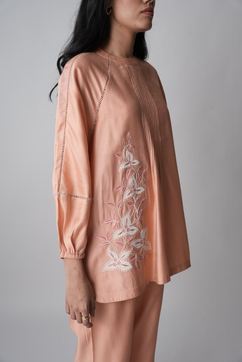 Peach Floral Embroidered Satin Co-ord Set