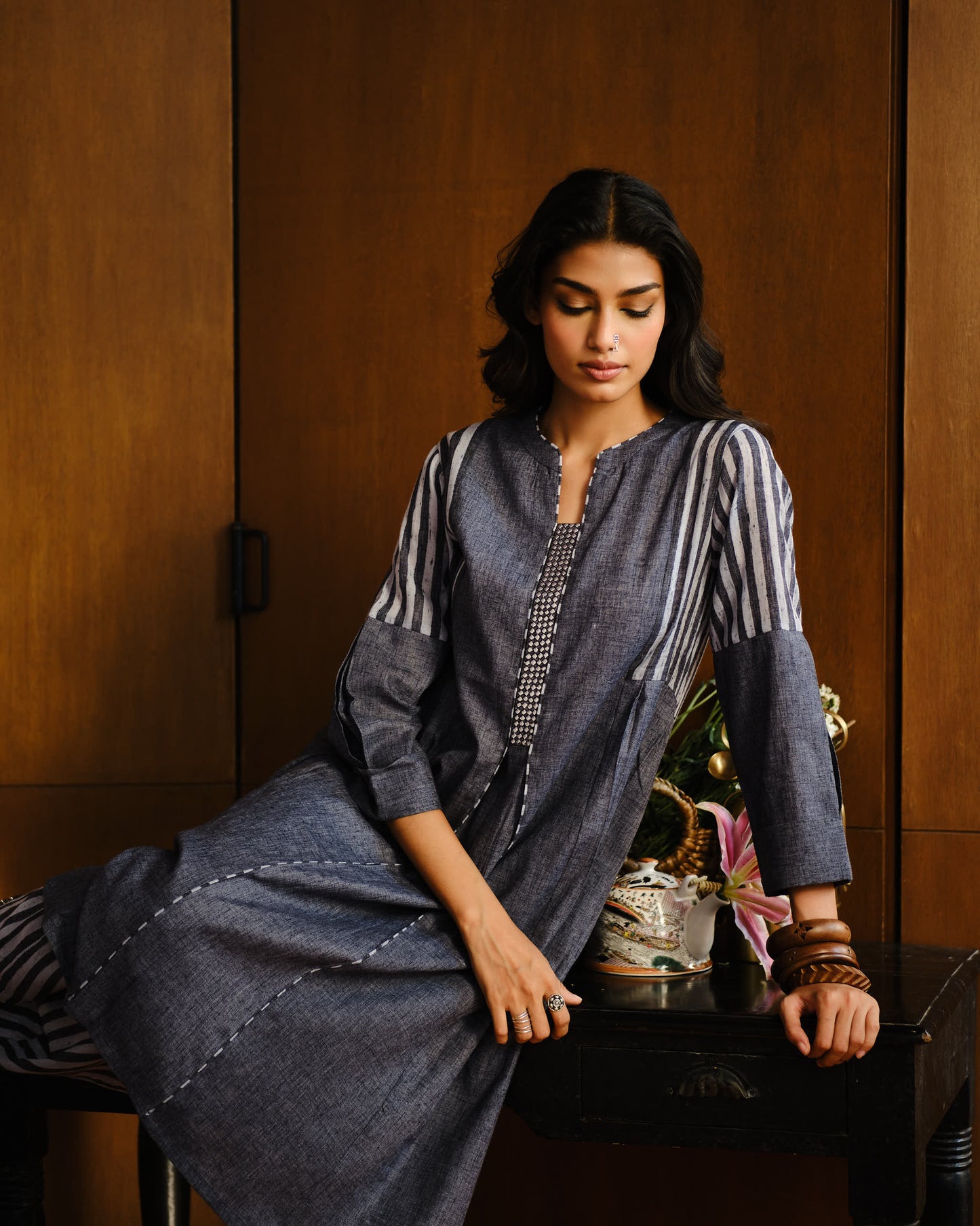Slate Maze Printed Soft Linen Kurta Set