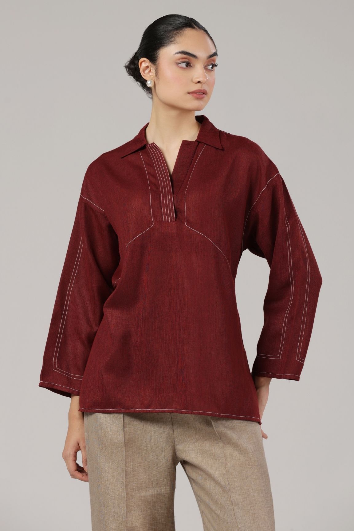 Maroon Contrast Stitch Relaxed Cotton Top