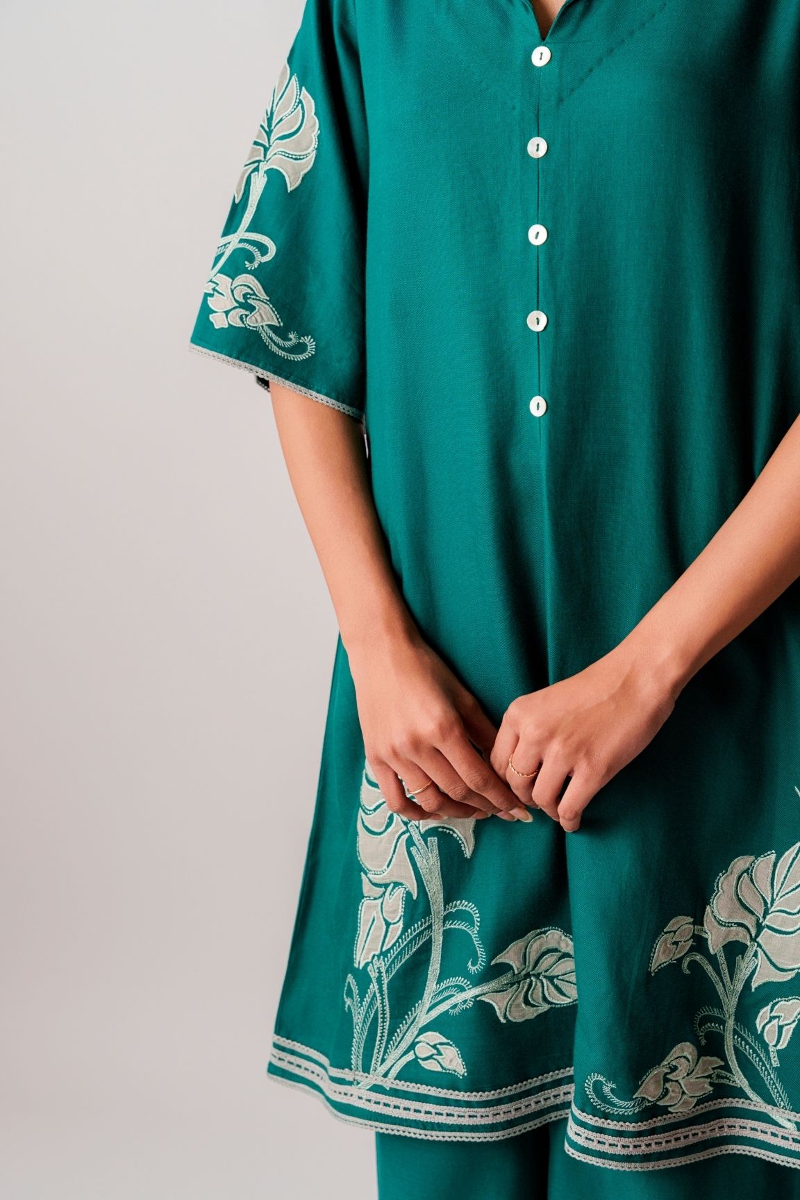 Emerald Green Floral Embroidered Cotton Kurta Set