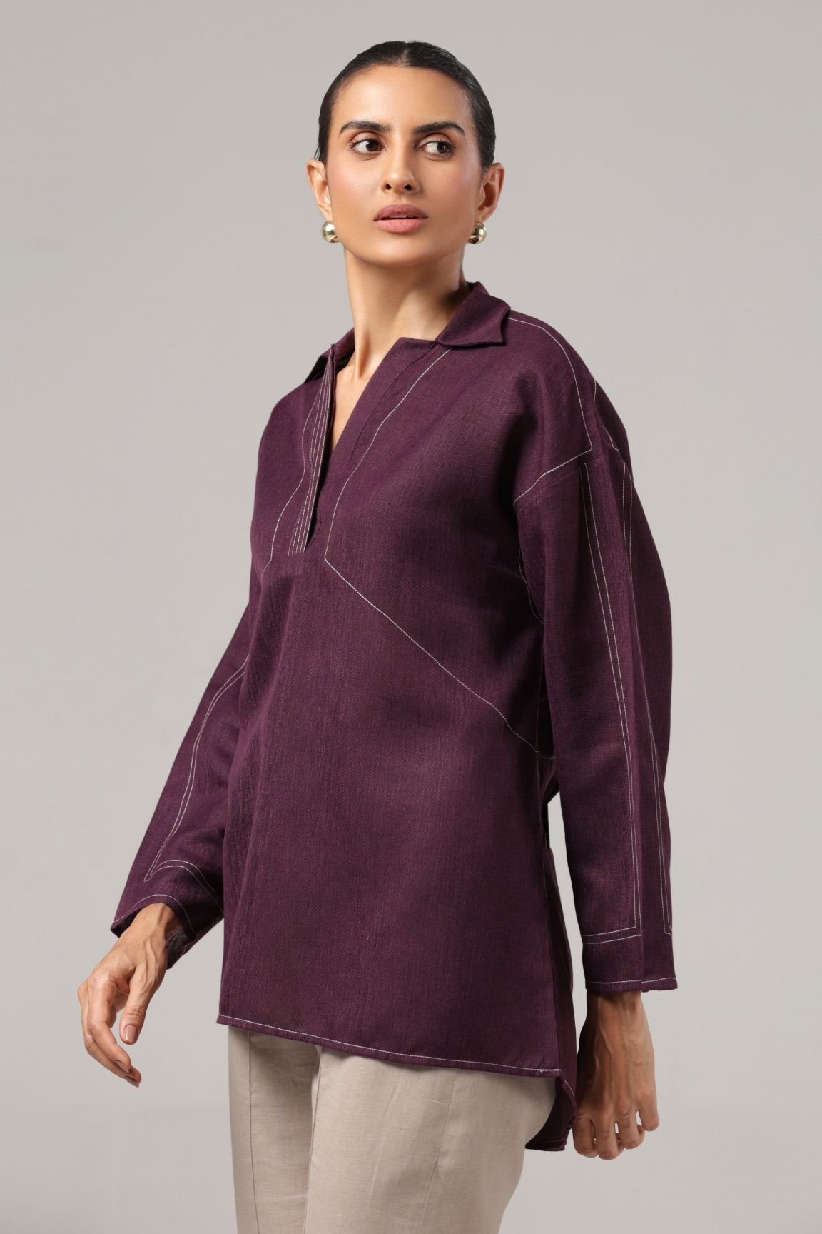 Plum Contrast Stitch Relaxed Fit Cotton Top