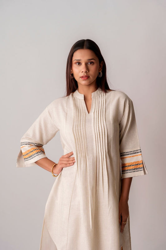 Cream & Mustard Handwoven Striped Cotton Kurta Set