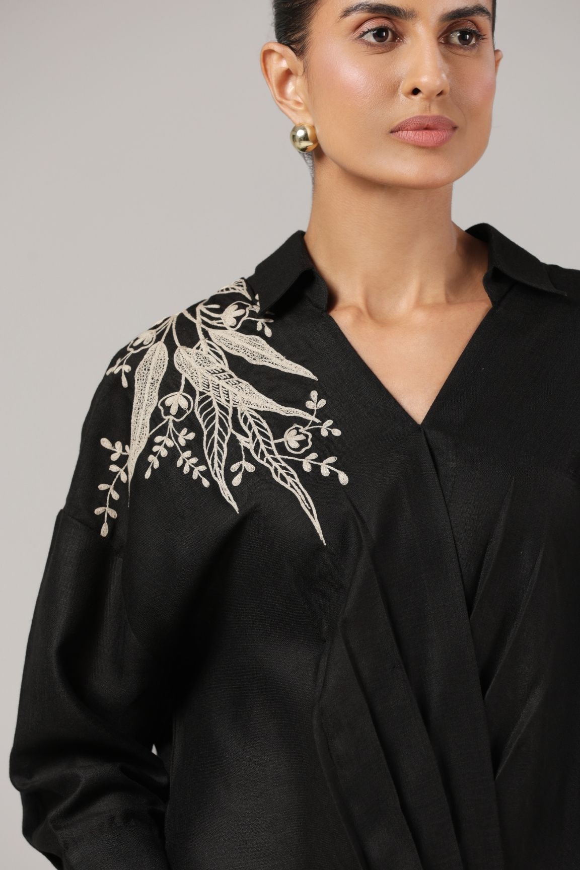 Black Embroidered Wrap-Style Cotton Shirt
