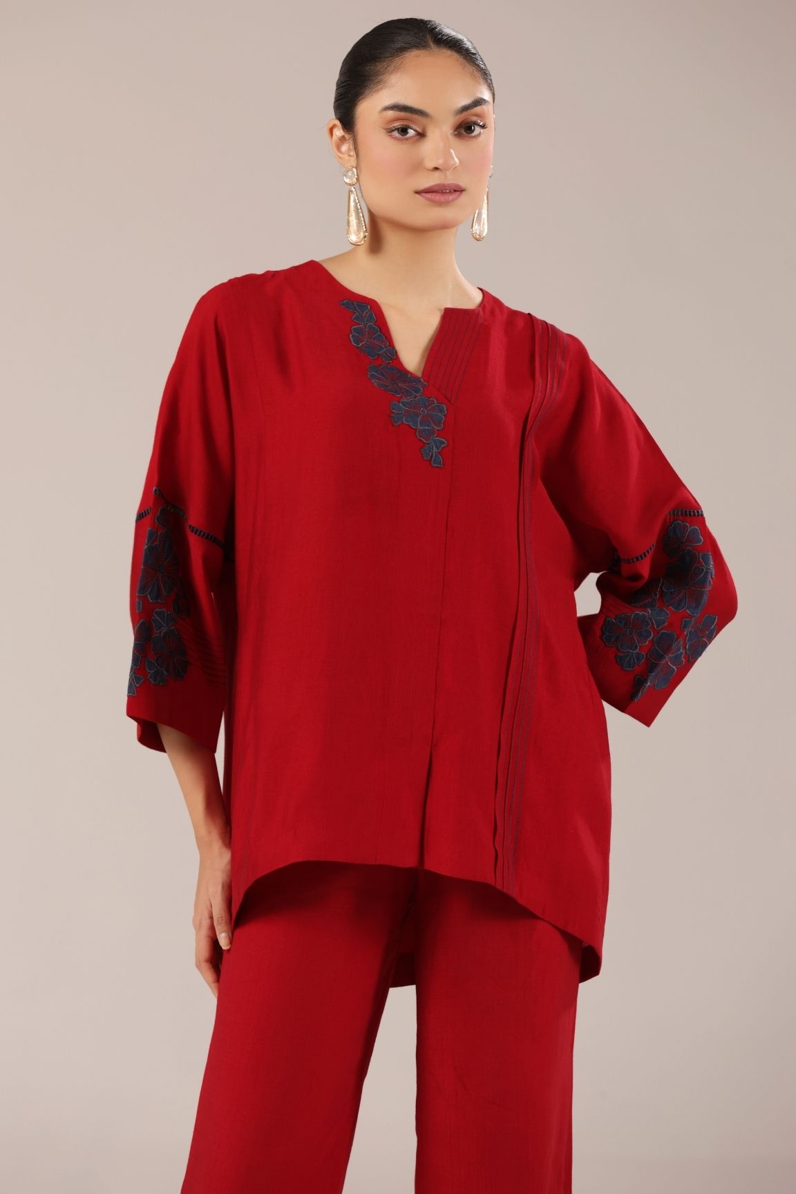 Red Floral Embroidered Relaxed Co-ord Set