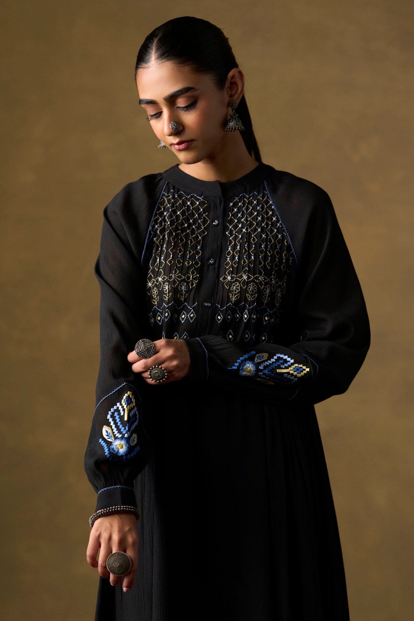 Onyx Black Embroidered Tiered Long Co-ord Set