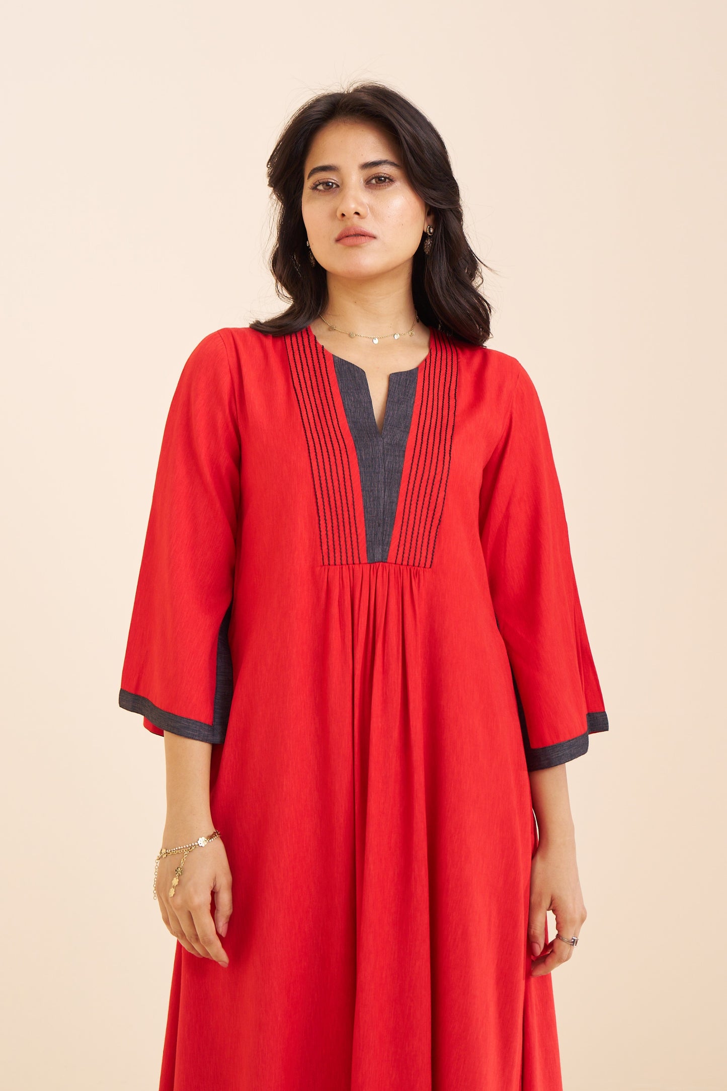 Classic Red V-Neck Kurta with Pleat Detailing in Viscose Blend
