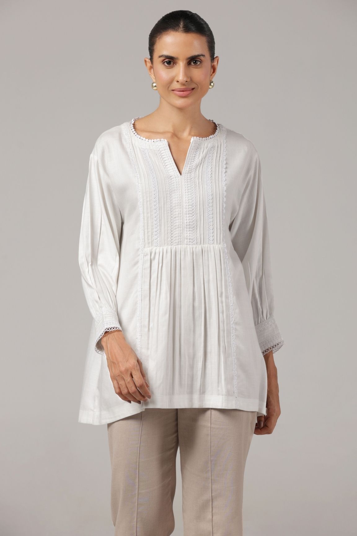 White Pintuck Lace Trimmed Organic Cotton Top