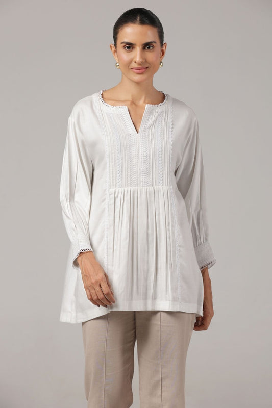 White Pintuck Lace Trimmed Organic Cotton Top